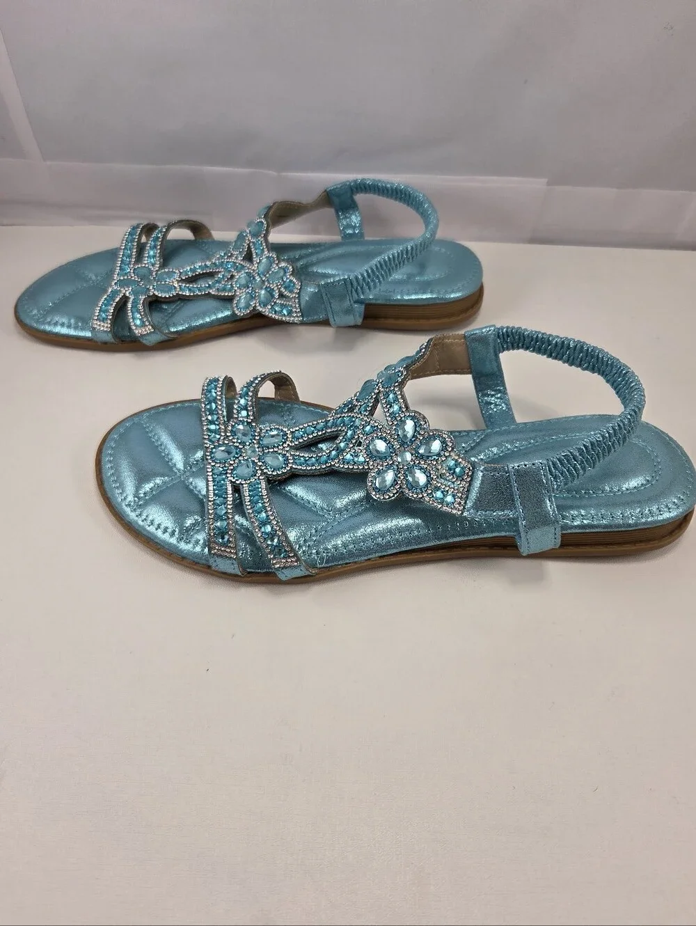 Metallic Turquoise Rhinestone T-Strap Flat Sandals - Size 41